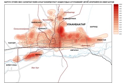 88-2. Улаанбаатар хотын агаар дахь бохирдуулах бодисын агууламж (Баруунаас 5м/с салхитай үед) 88-2. Улаанбаатар хотын агаар дахь бохирдуулах бодисын агууламж (Баруунаас 5м/с салхитай үед)