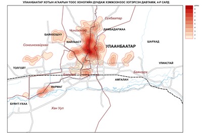 88-5. Улаанбаатар хотын агаарын тоосжилт хоногийн дундаж агууламжаас давсан байдал (4-р сард) 88-5. Улаанбаатар хотын агаарын тоосжилт хоногийн дундаж агууламжаас давсан байдал (4-р сард)