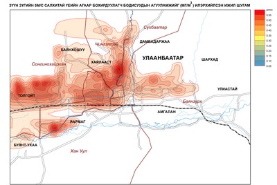 88-1. Улаанбаатар хотын агаар дахь бохирдуулах бодисын агууламж (Зүүнээс 5м/с салхитай үед) 88-1. Улаанбаатар хотын агаар дахь бохирдуулах бодисын агууламж (Зүүнээс 5м/с салхитай үед)